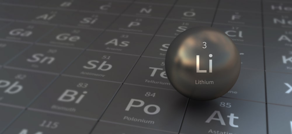 3D-Illustration eines Lithium-Elements, das als Kugel auf dem Periodensystem der Elemente liegt.