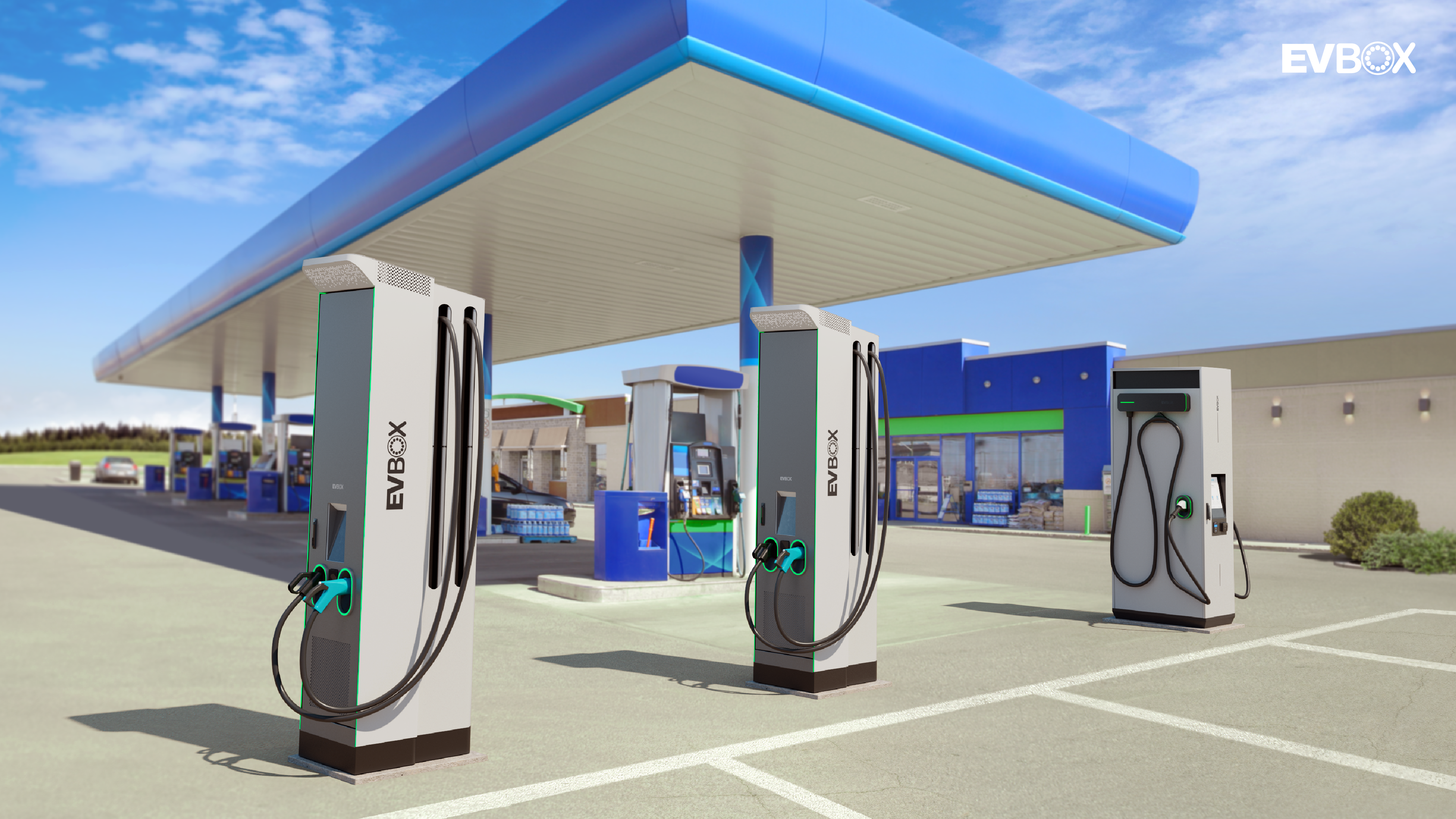A gas station with multiple EVBox Troniq Modular DC fast charging stations in the parking lot.
