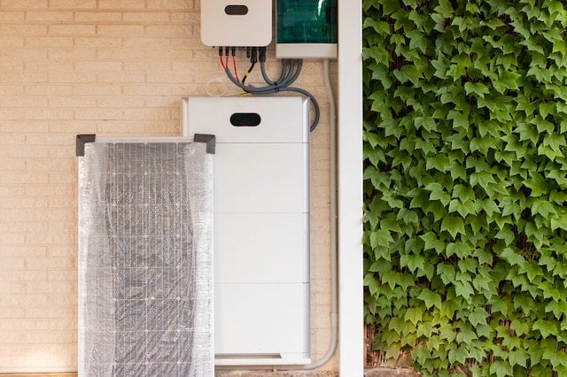 Battery storage system mounted to a wall.