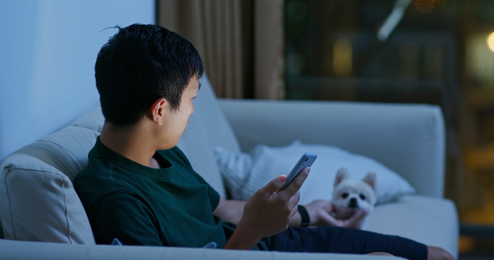 A man is using his smartphone while looking at his dog at night..