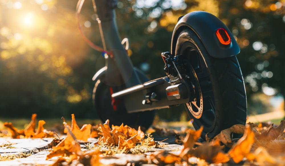A black electric scooter sits on top of autumn leaves at sunset