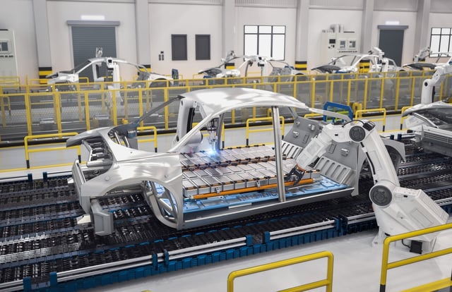 A manufacturing plant that shows how the EV batteries are installed in a new car.