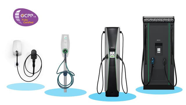 EVBox's portfolio of charging hardware that is fully OCPP certified by the Open Charge Alliance, we see (from left to right)  EVBox Elvi, EVBox BusinessLine, EVBox Iqon, EVBox Ultroniq.