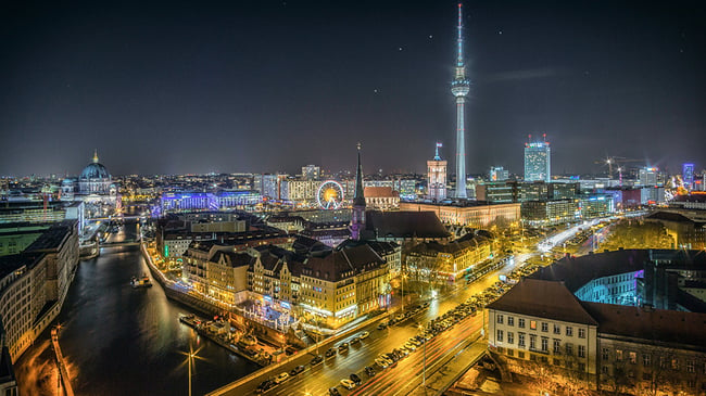 Aerial shot of a German city at night