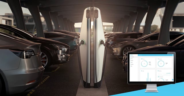 A commercial parking space with EVBox chargers and a mockup of EVBox software showing an easy to-use and insightful dashboard.