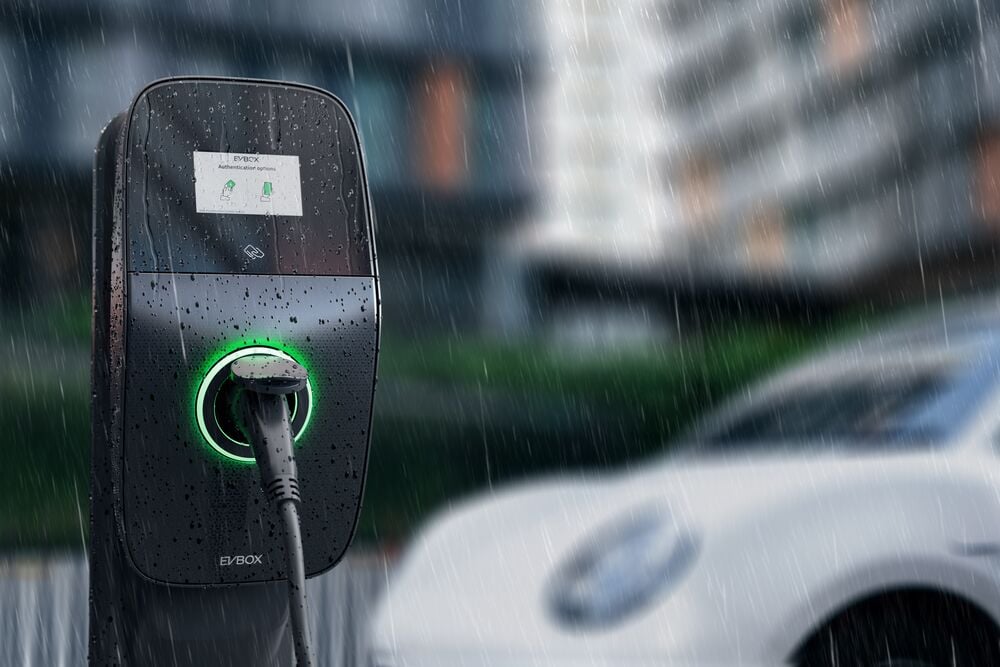 EVBox Liviqo workplace charging station in the rain.
