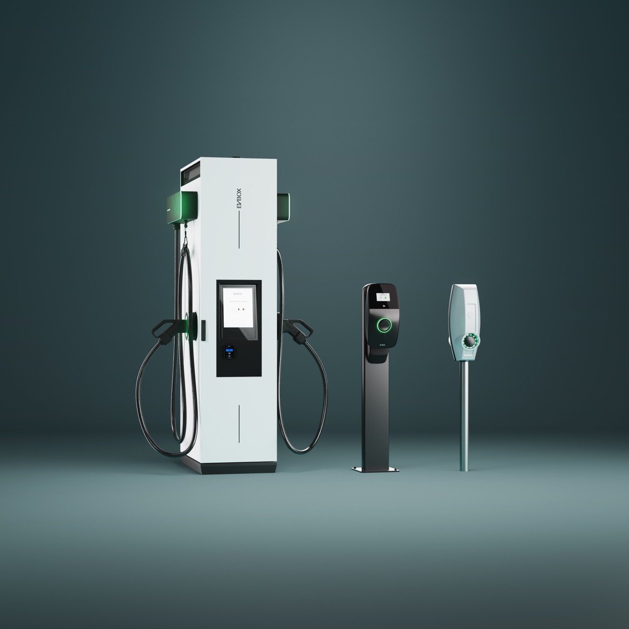 An overview of different type of charging stations, from left to right: EVBox Troniq Modular (level 3), EVBox Livo (Level 2), EVBox BusinessLine (Level 2).