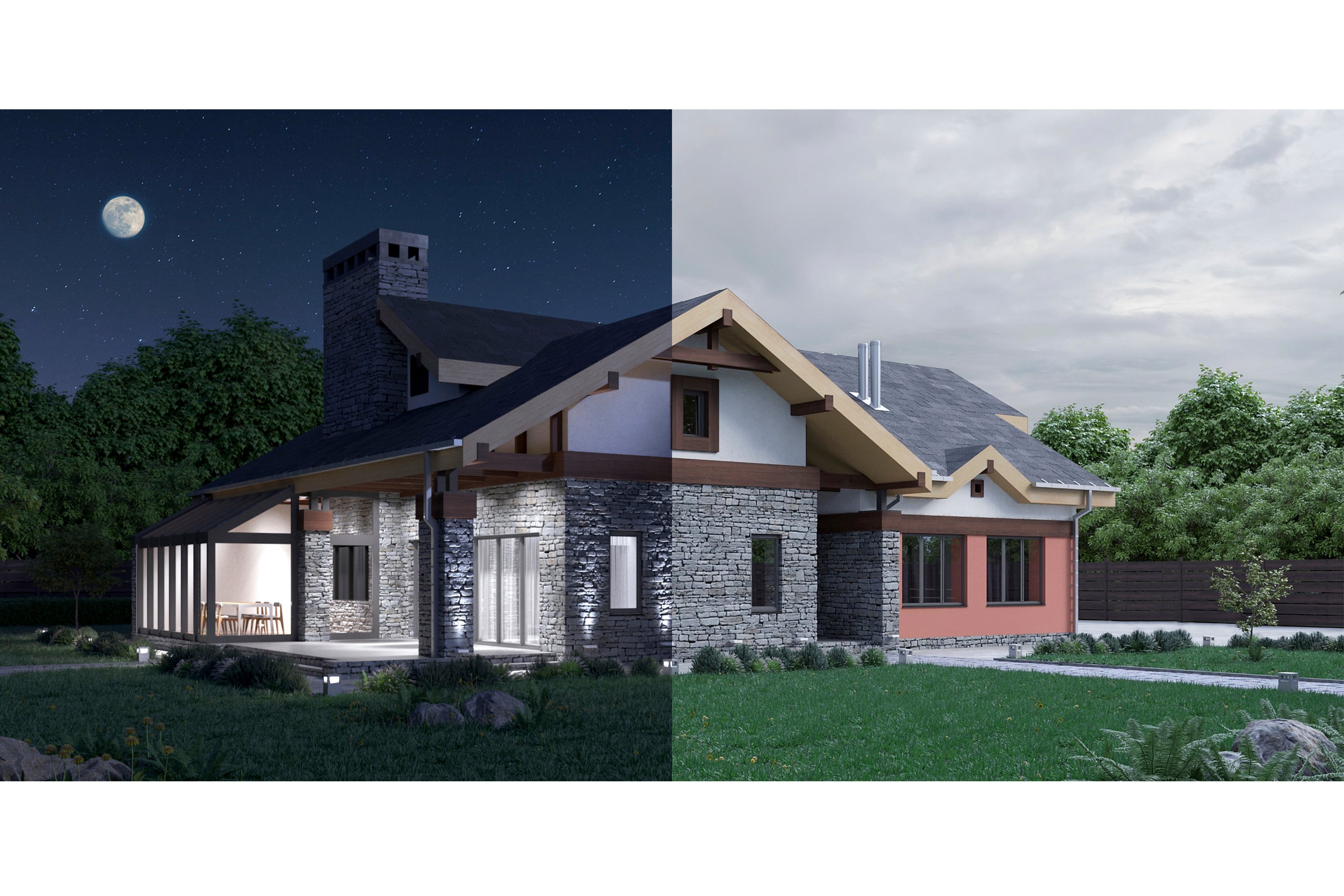 A visual composed of 2 separate photos of the same house, the left side is a photo of the house taken at night, the right side is taken during the day.