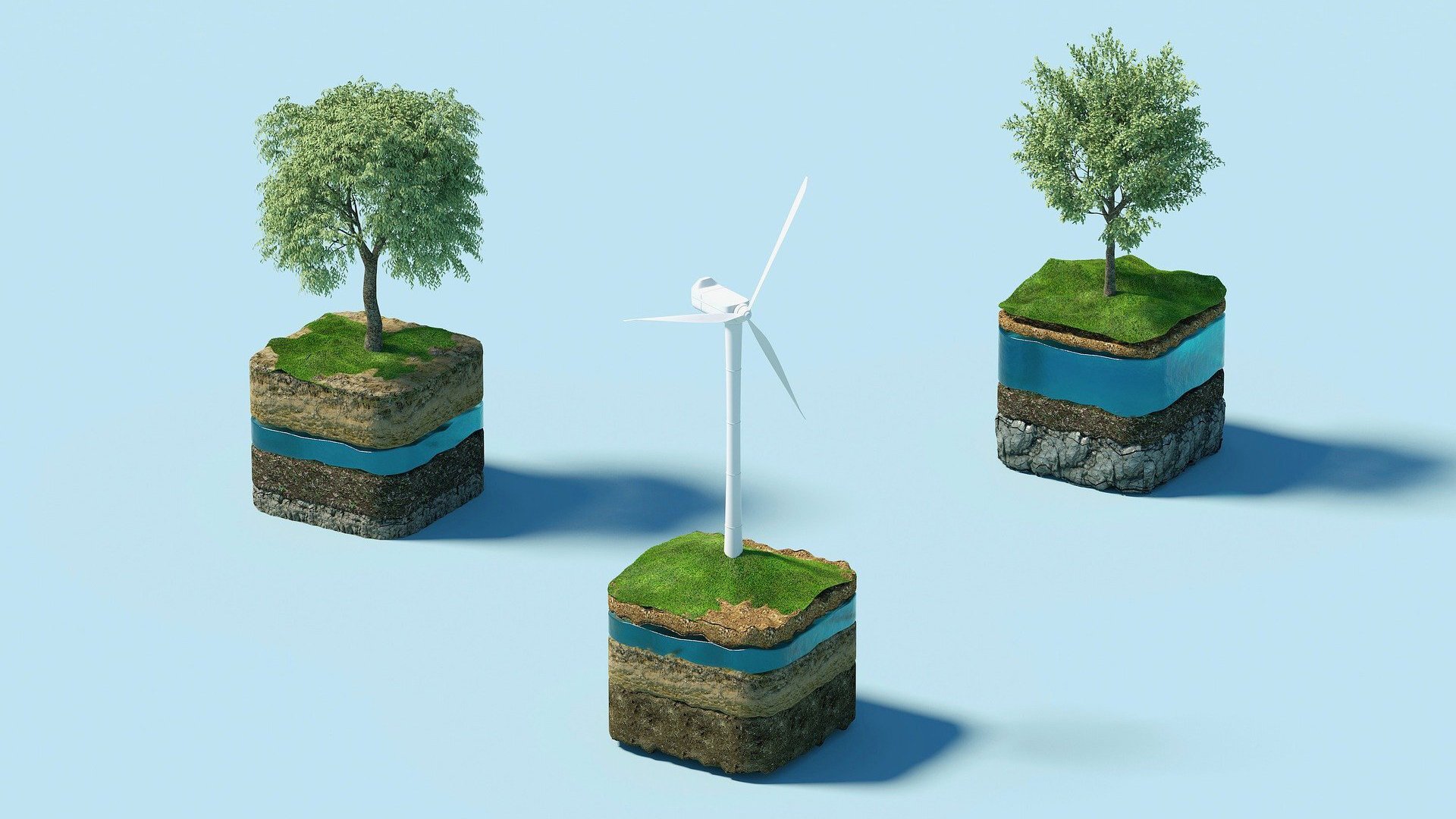 Ein Bild, das 3 Beispiele für unsere Erde zeigt. Diese sind mit Gestein, Erde, Wasser, Erde und Gras geschichtet. 2/3 haben einen Baum auf der Spitze und 1 hat eine Windmühle.